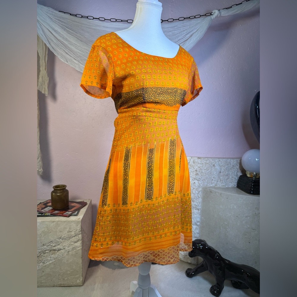 Vintage 70s Orange Sheer Dress Boho Tie Back Midi Festival Summer Small
